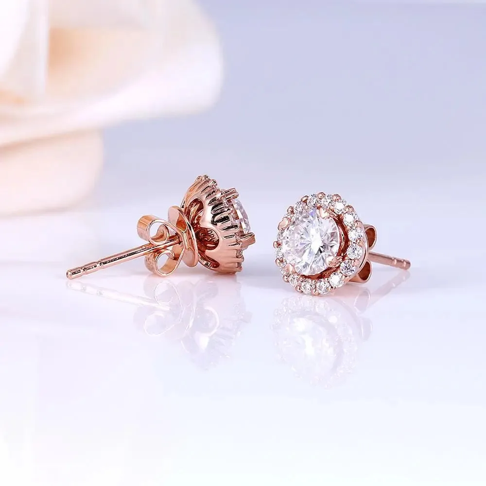 14k Rose Gold Halo Stud Moissanite Earrings 1.28ctw