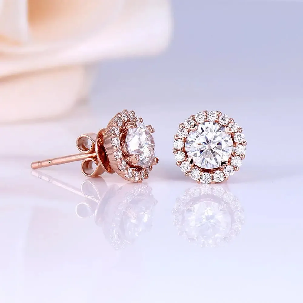 14k Rose Gold Halo Stud Moissanite Earrings 1.28ctw