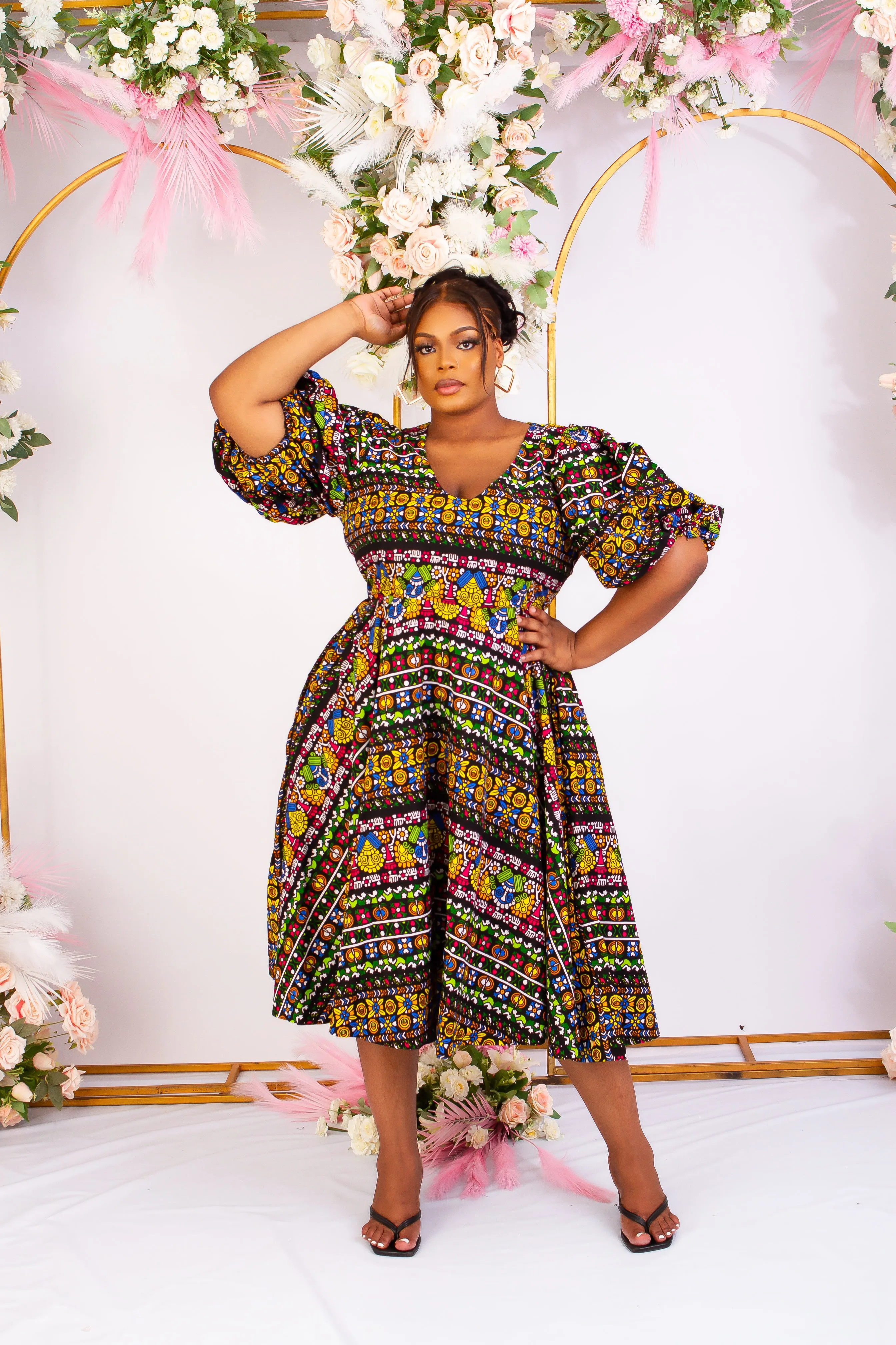 African Print Puff Sleeve Midi Dress - Bibianca