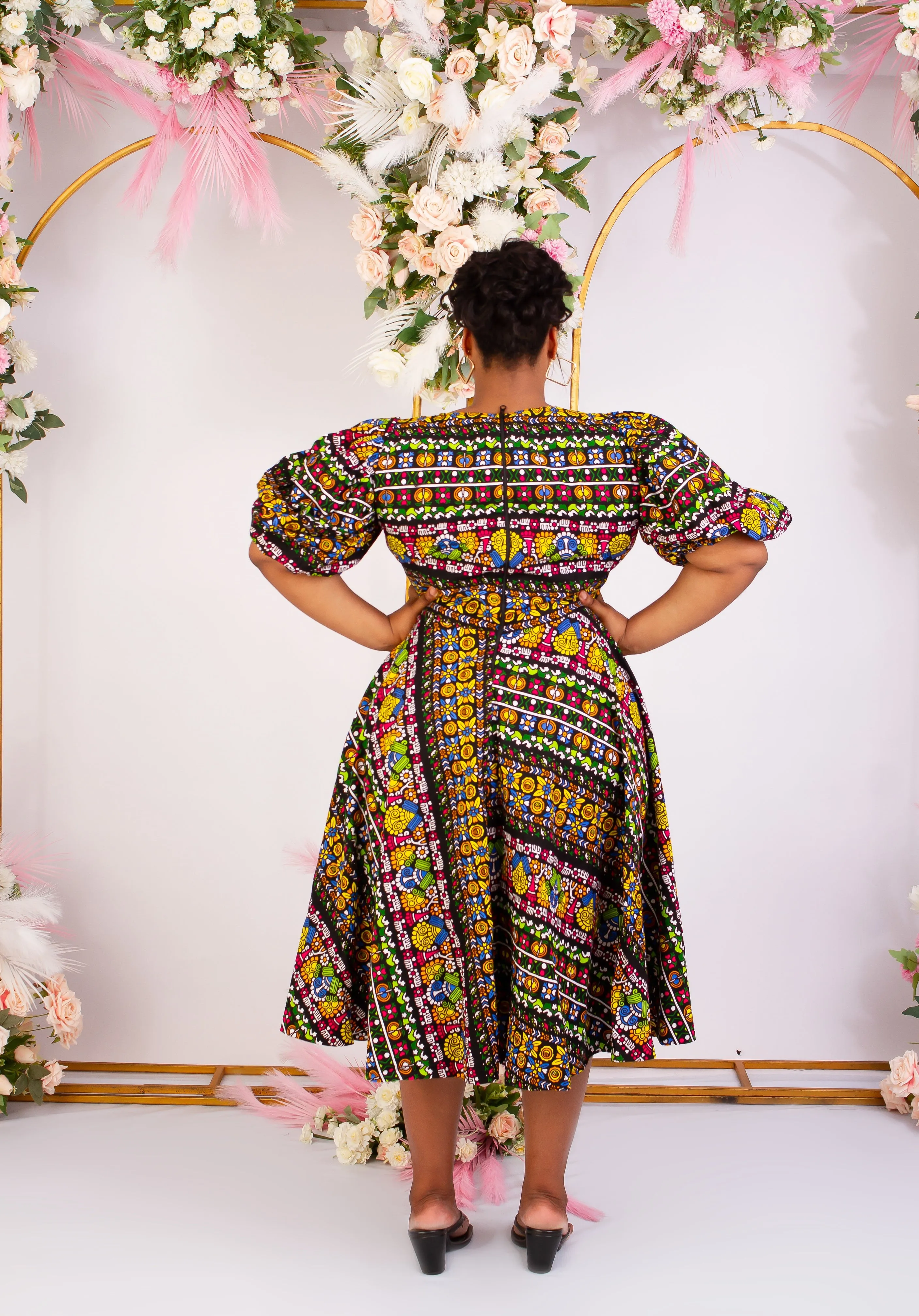 African Print Puff Sleeve Midi Dress - Bibianca