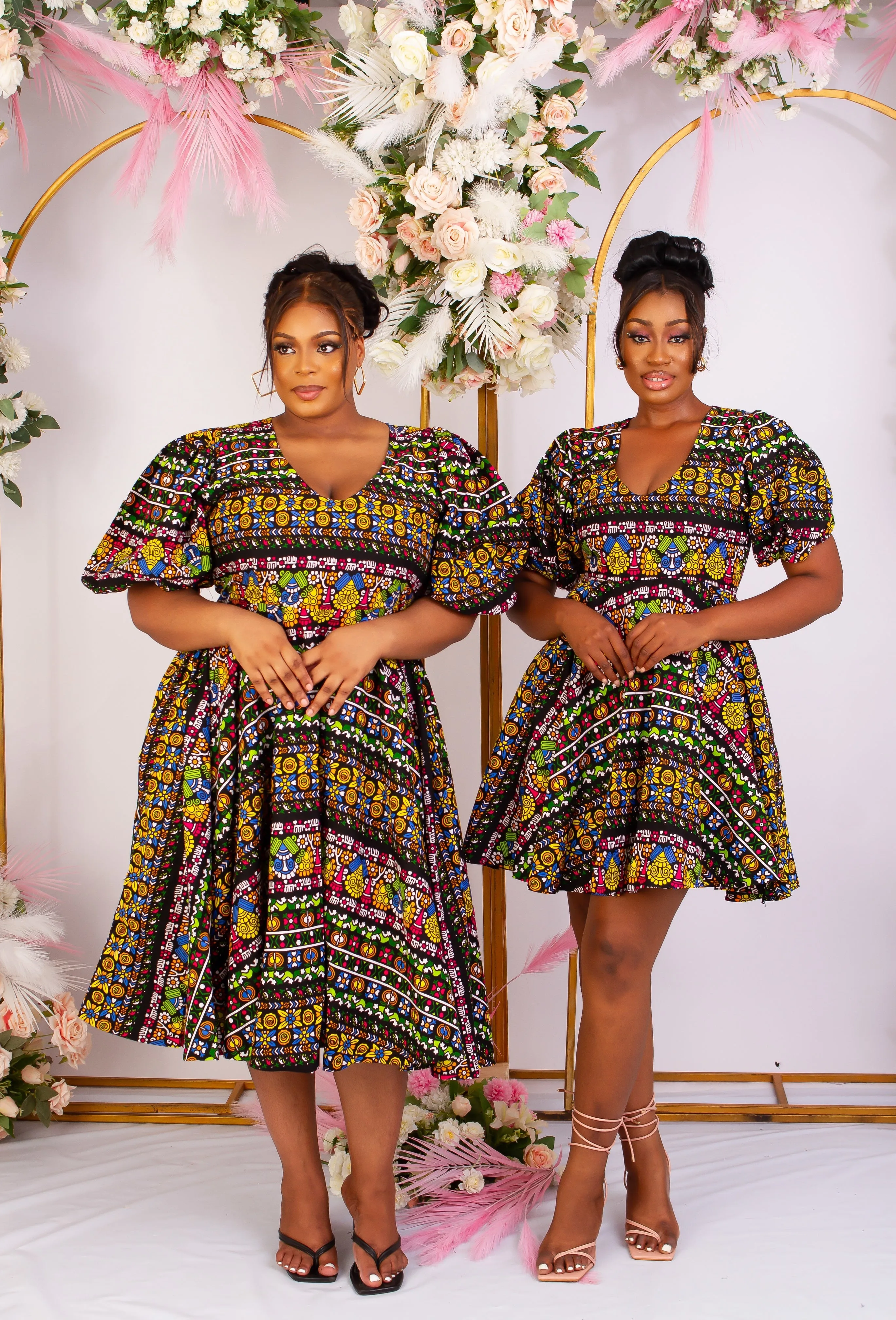 African Print Puff Sleeve Midi Dress - Bibianca