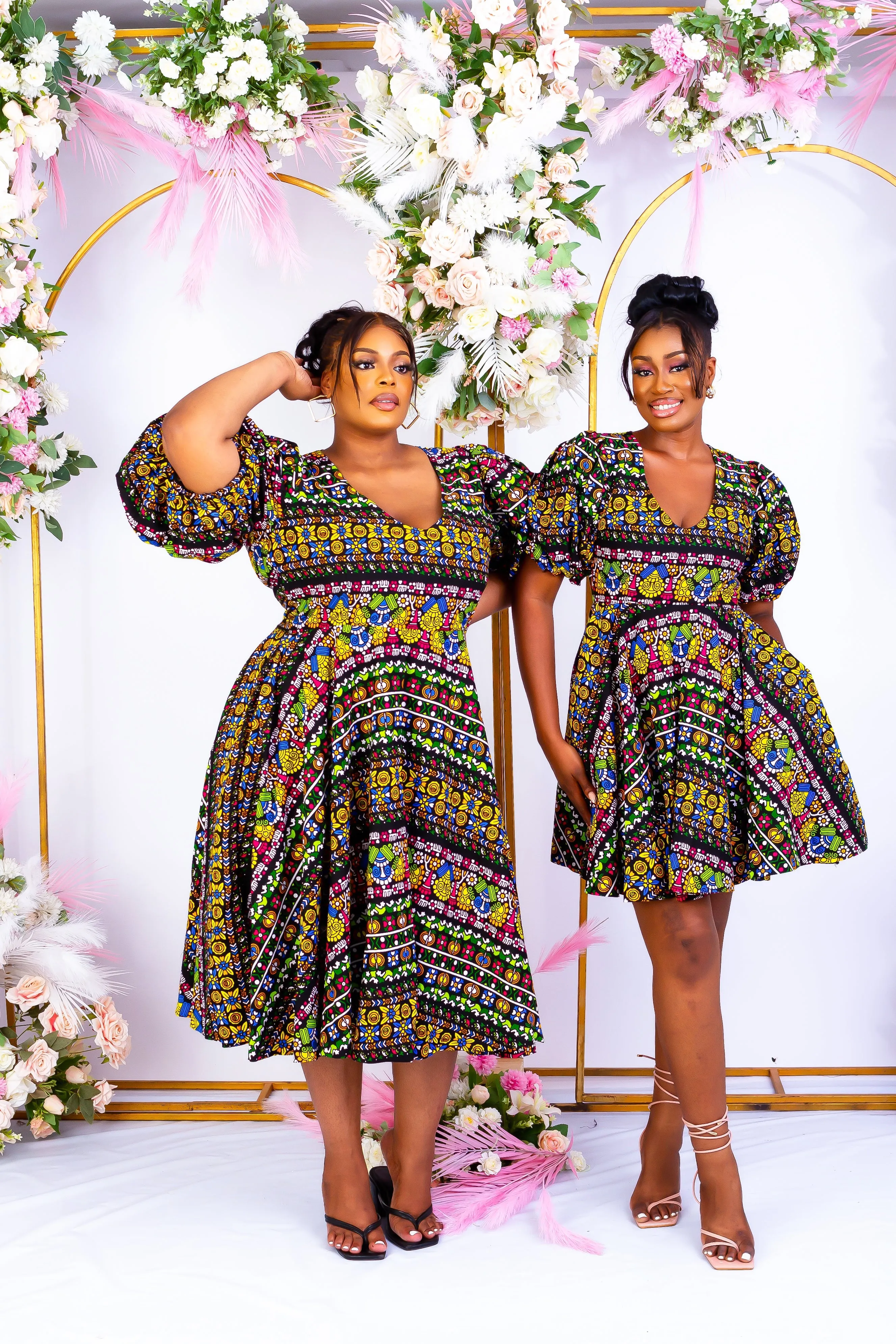 African Print Puff Sleeve Midi Dress - Bibianca