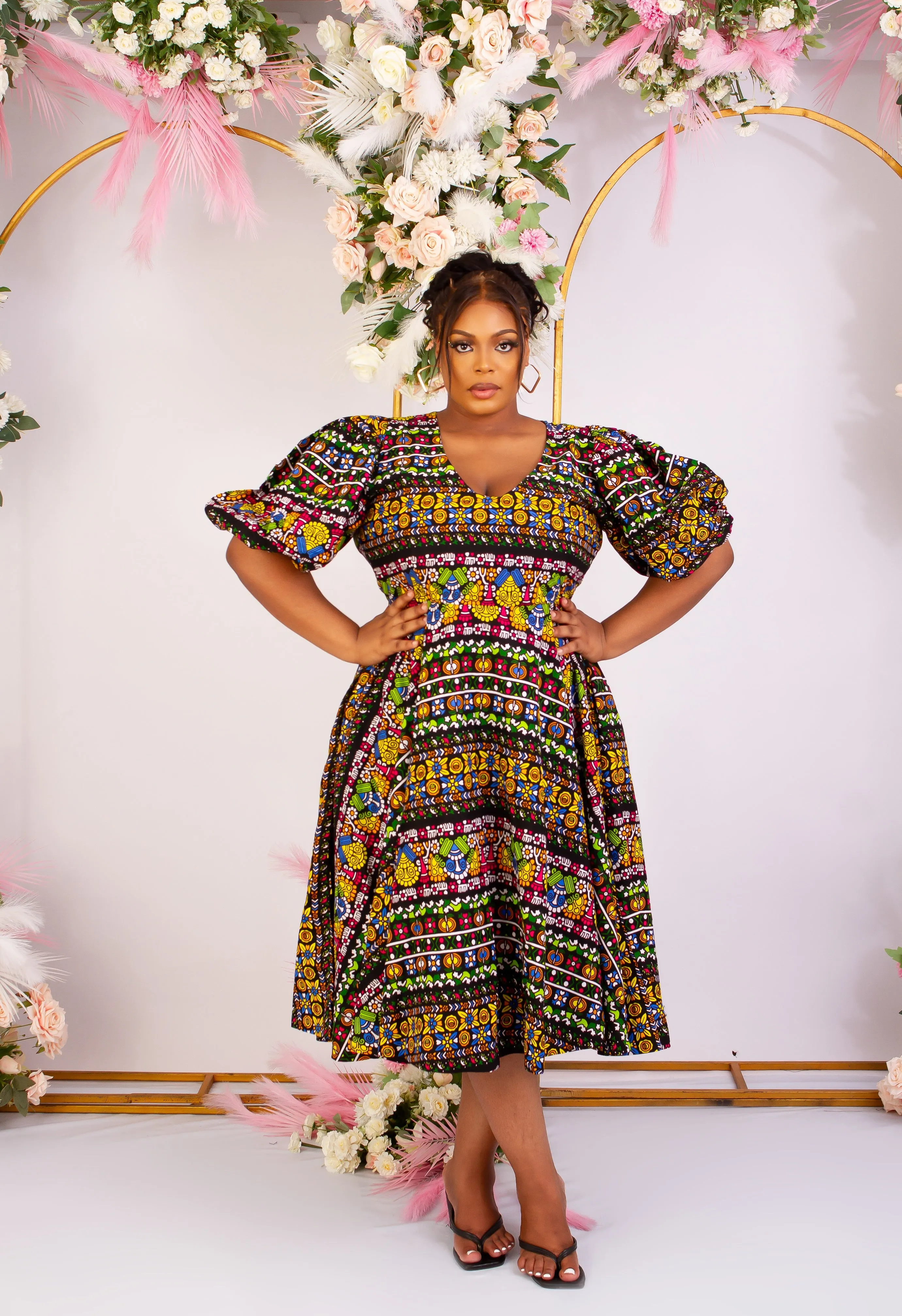 African Print Puff Sleeve Midi Dress - Bibianca