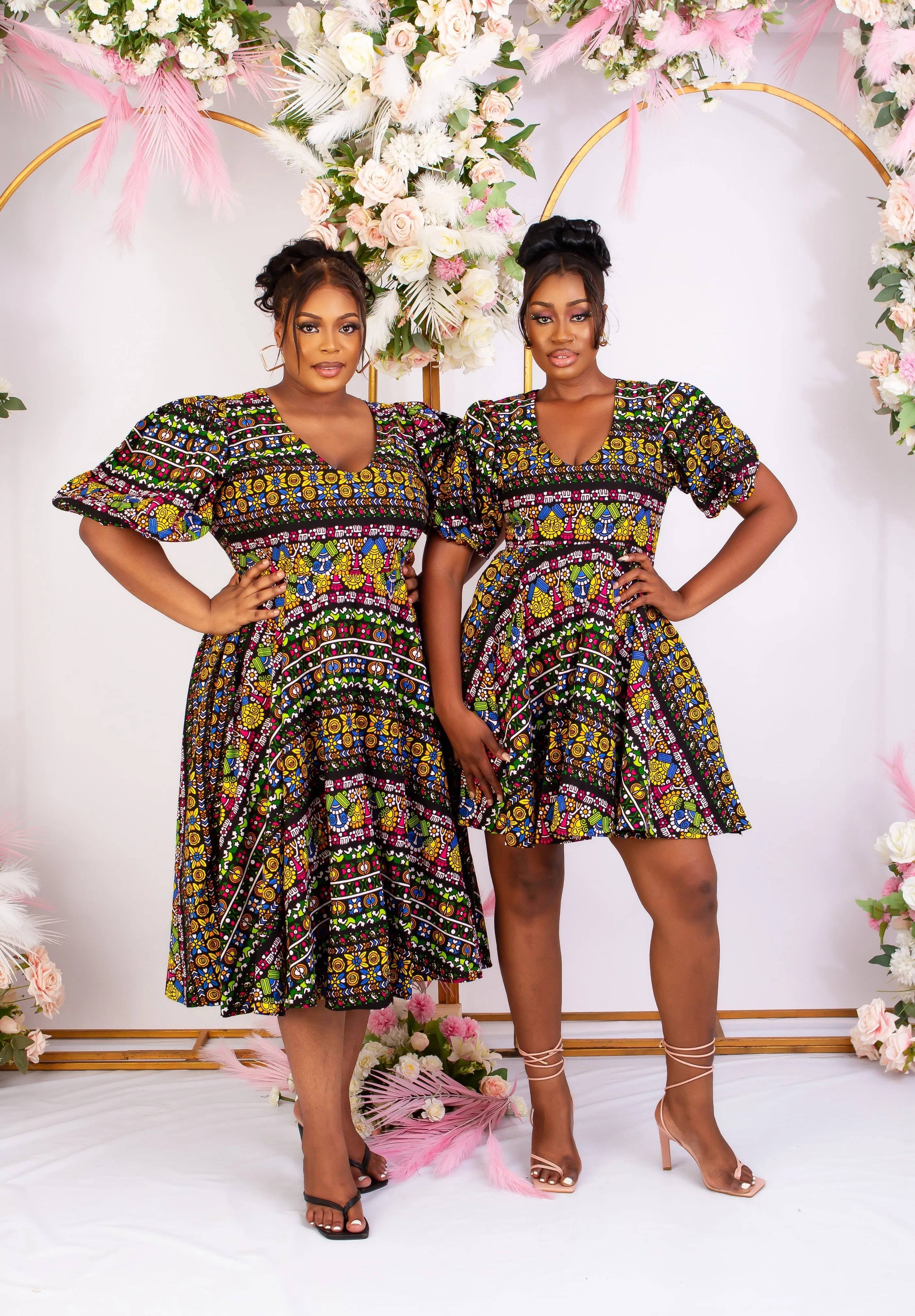 African Print Puff Sleeve Midi Dress - Bibianca