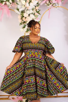 African Print Puff Sleeve Midi Dress - Bibianca