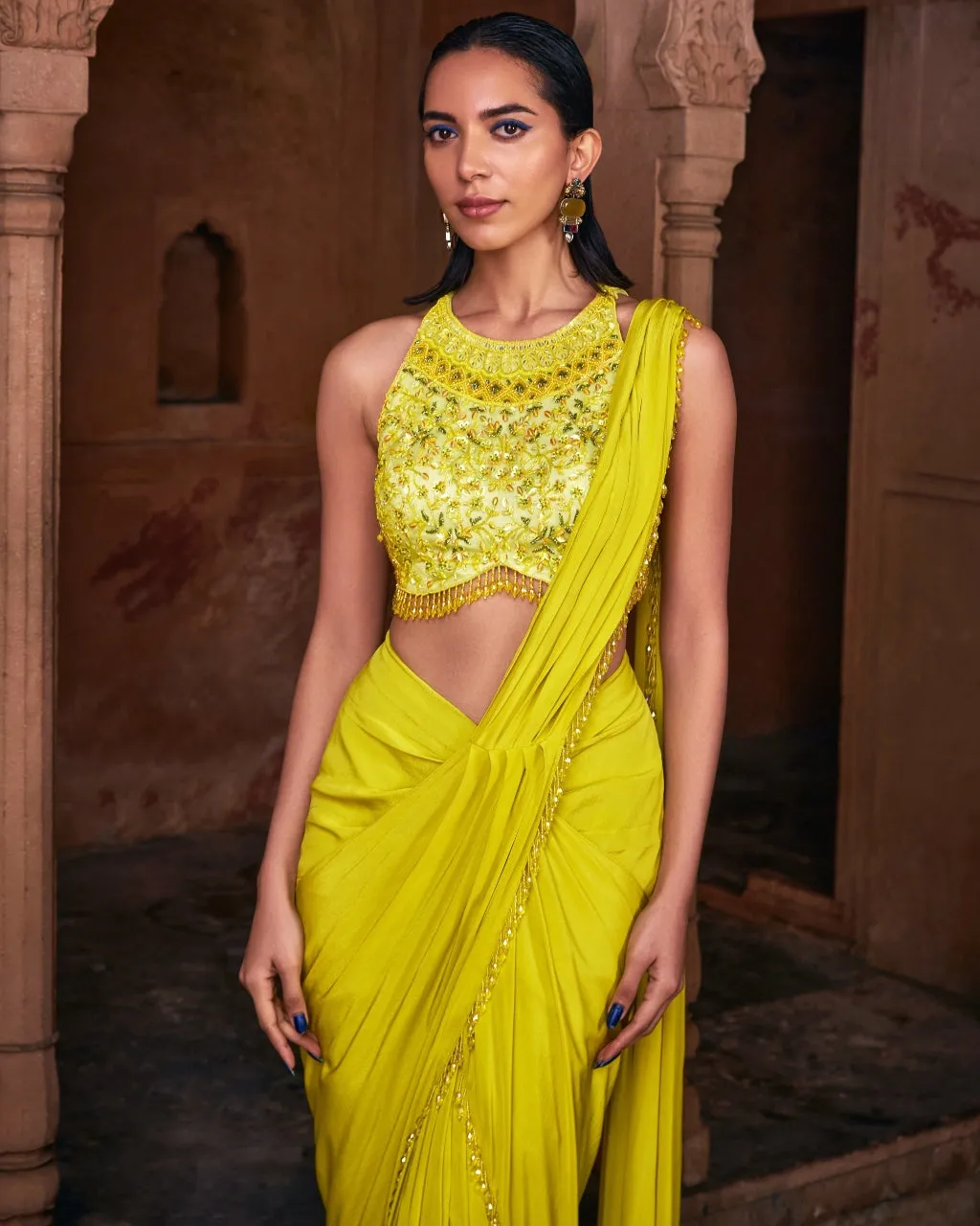 Anna Yellow Embroidered Sari Set