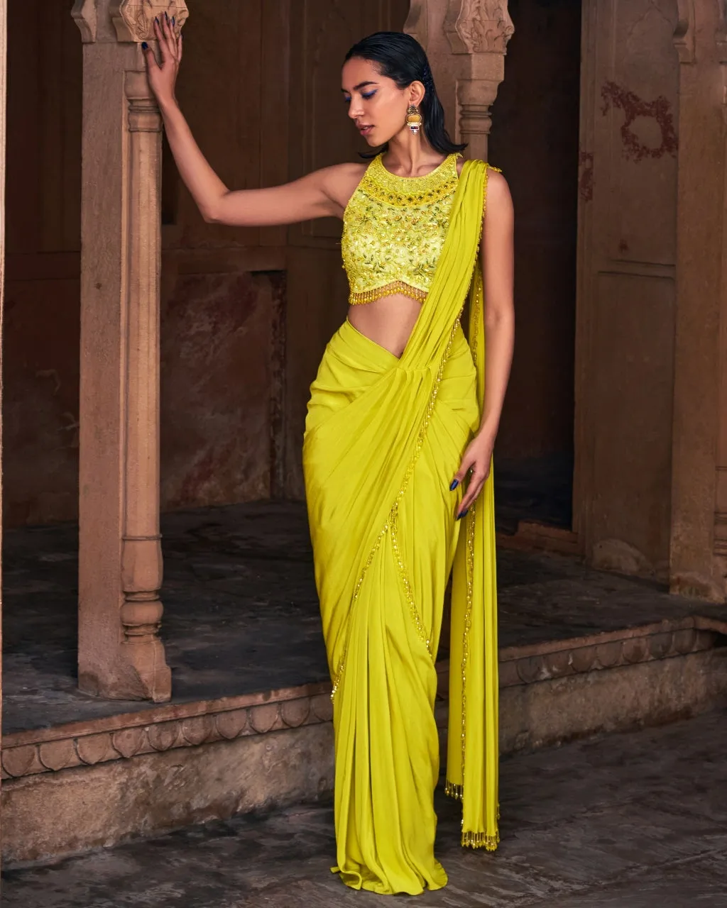 Anna Yellow Embroidered Sari Set