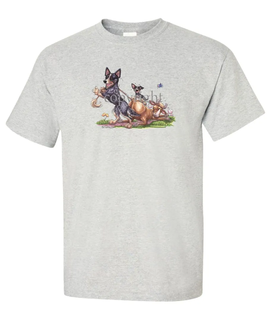 Australian Cattle Dog - Pulling Cow By Tail - Caricature - T-Shirt