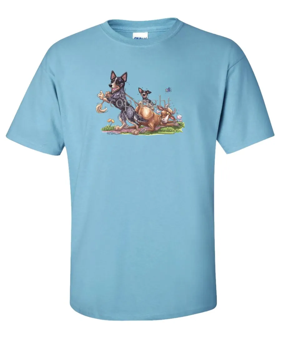 Australian Cattle Dog - Pulling Cow By Tail - Caricature - T-Shirt