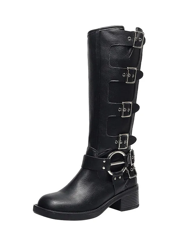 Buckle Leather Chunky Heel Boots