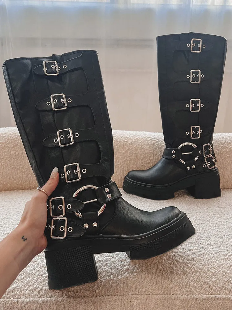 Buckle Leather Chunky Heel Boots