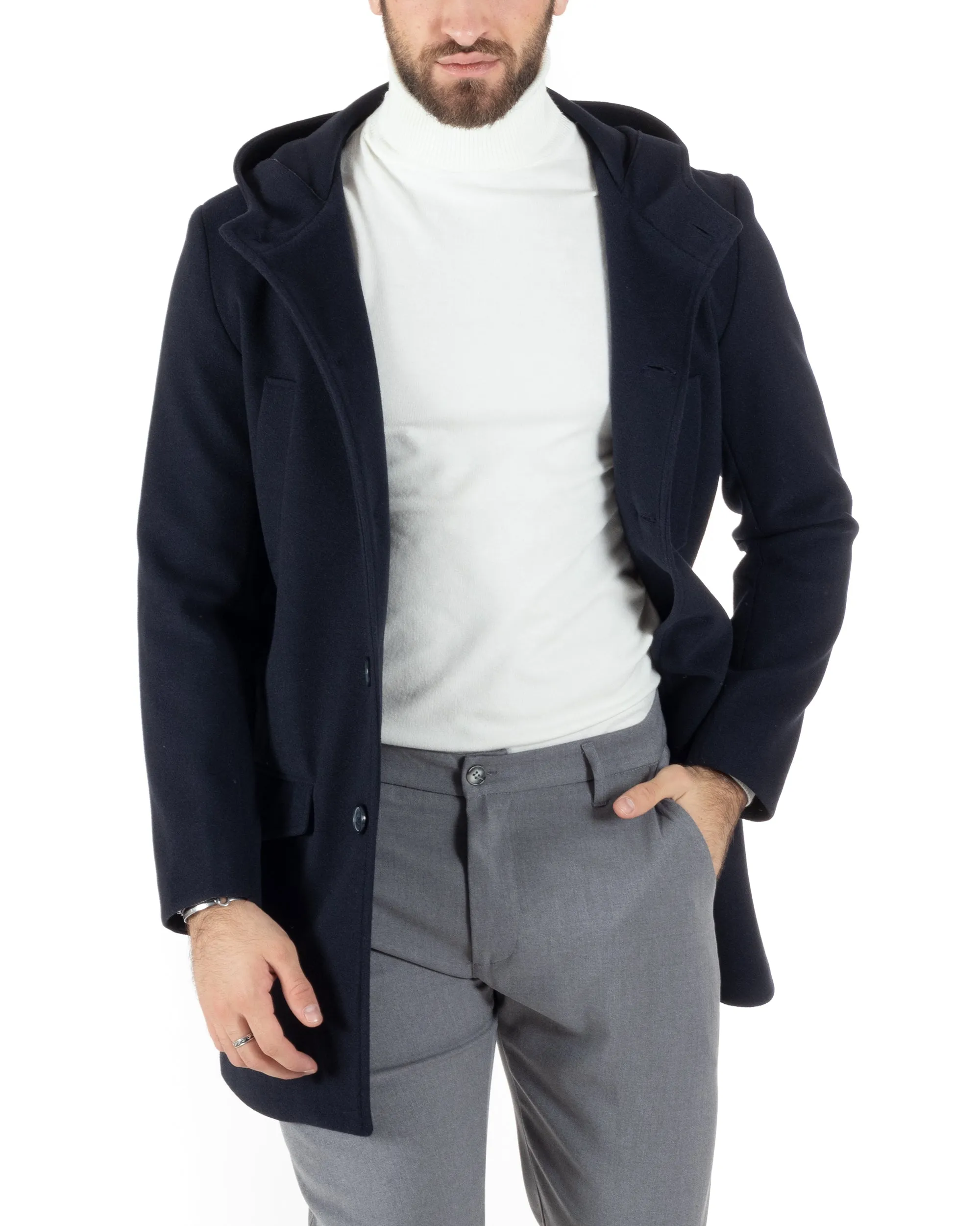 Cappotto Monopetto Uomo Giacca Giaccone Con Cappuccio Blu Baronetto Elegante GIOSAL-CO1008A