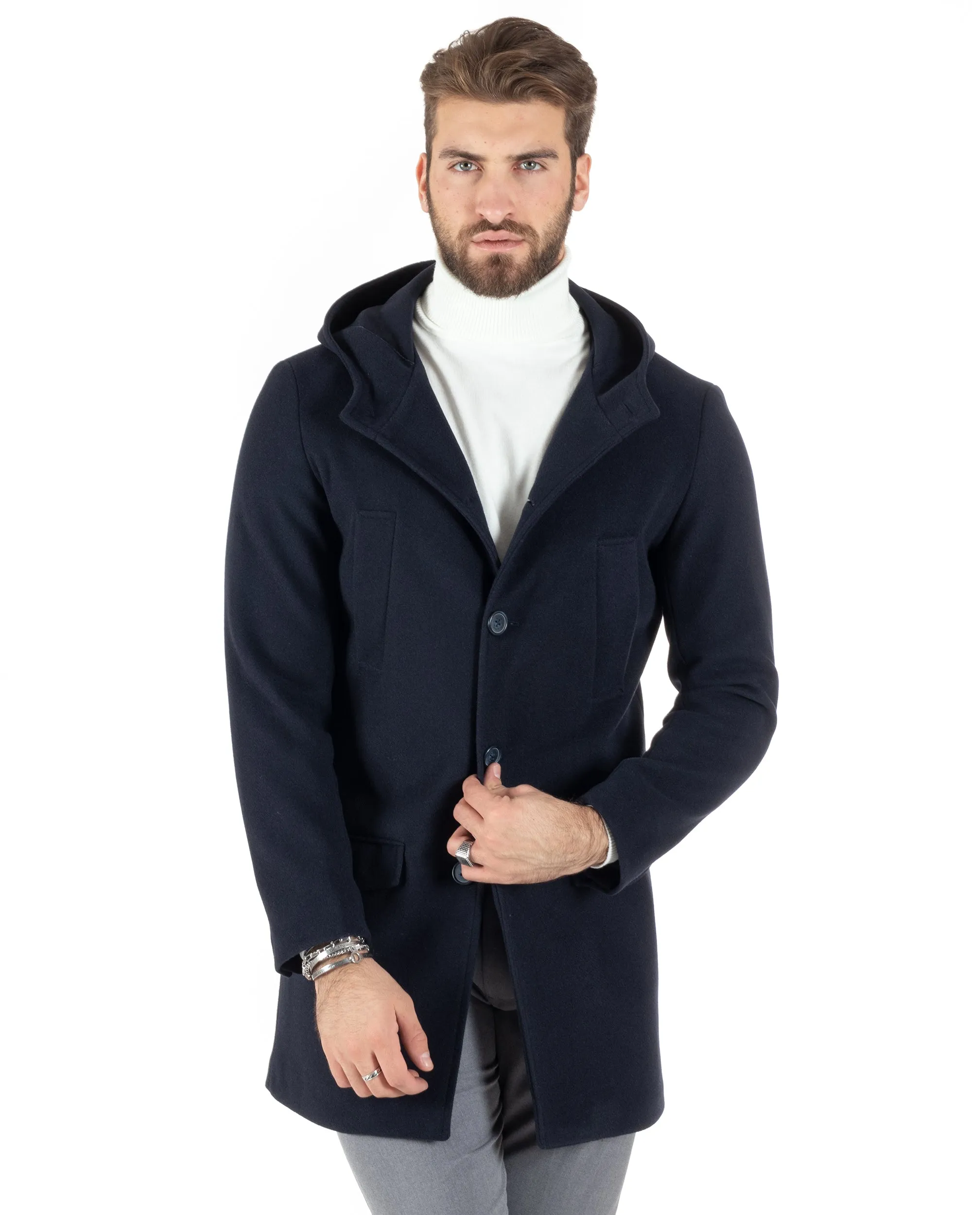 Cappotto Monopetto Uomo Giacca Giaccone Con Cappuccio Blu Baronetto Elegante GIOSAL-CO1008A