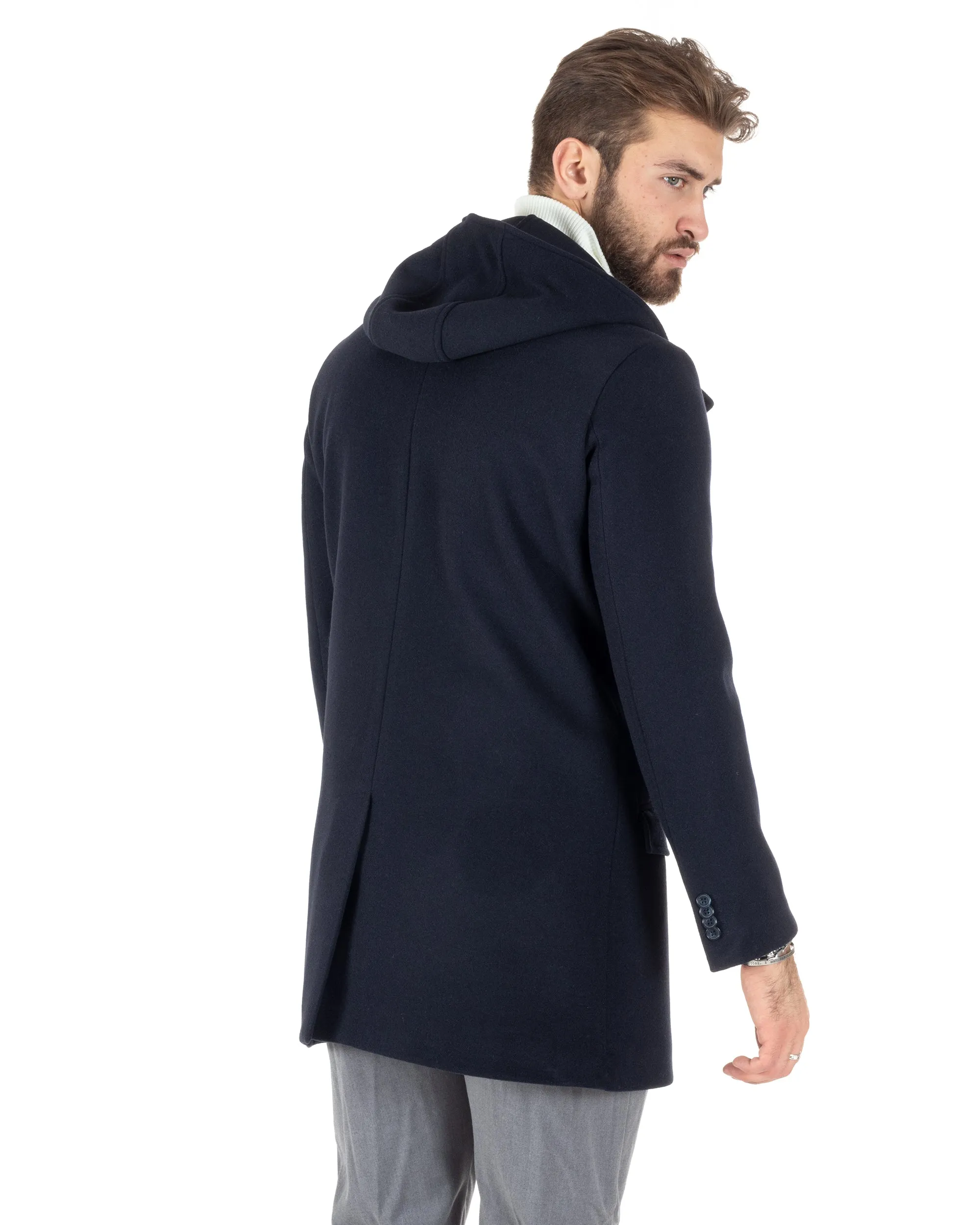 Cappotto Monopetto Uomo Giacca Giaccone Con Cappuccio Blu Baronetto Elegante GIOSAL-CO1008A