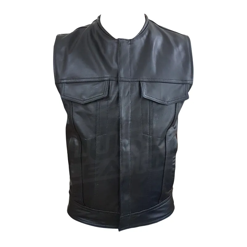 Collarless "Club Rider" Motorcycle leather Vest with zippered lining for patches