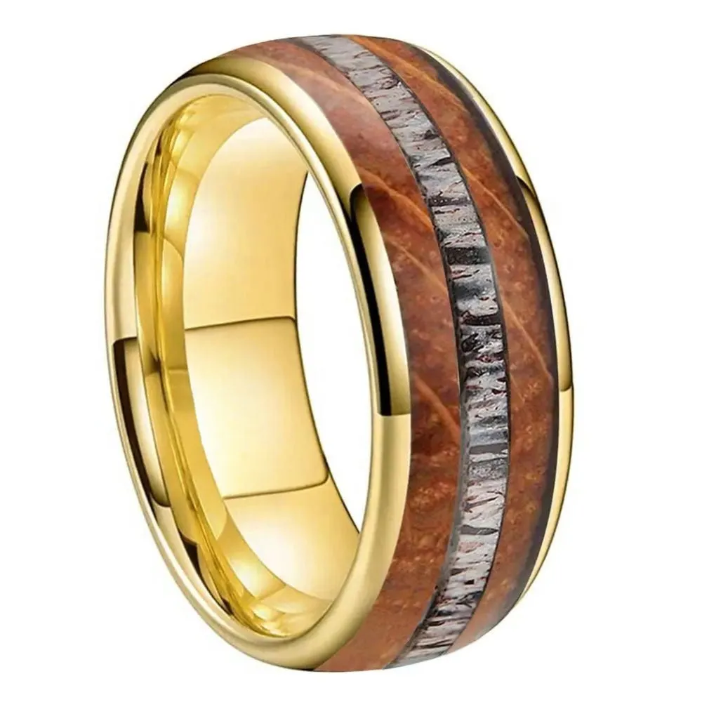 Deer Antler and Whiskey Barrel Oak Wood Dome Wedding Ring in Yellow Gold Tungsten