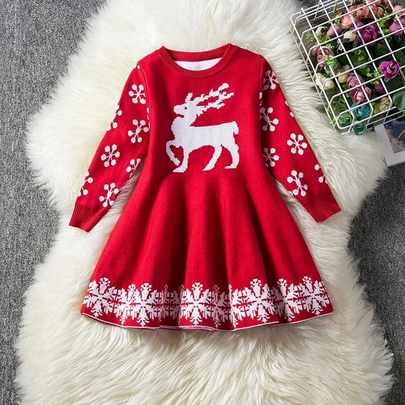 Girls Christmas Dress Knitting Sweater Dress for Girls Winter Dress Autumn Full Sleeve Elk Deer Printing Girl Clothes New Year