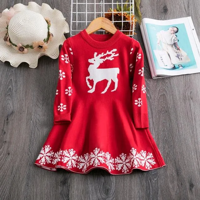 Girls Christmas Dress Knitting Sweater Dress for Girls Winter Dress Autumn Full Sleeve Elk Deer Printing Girl Clothes New Year