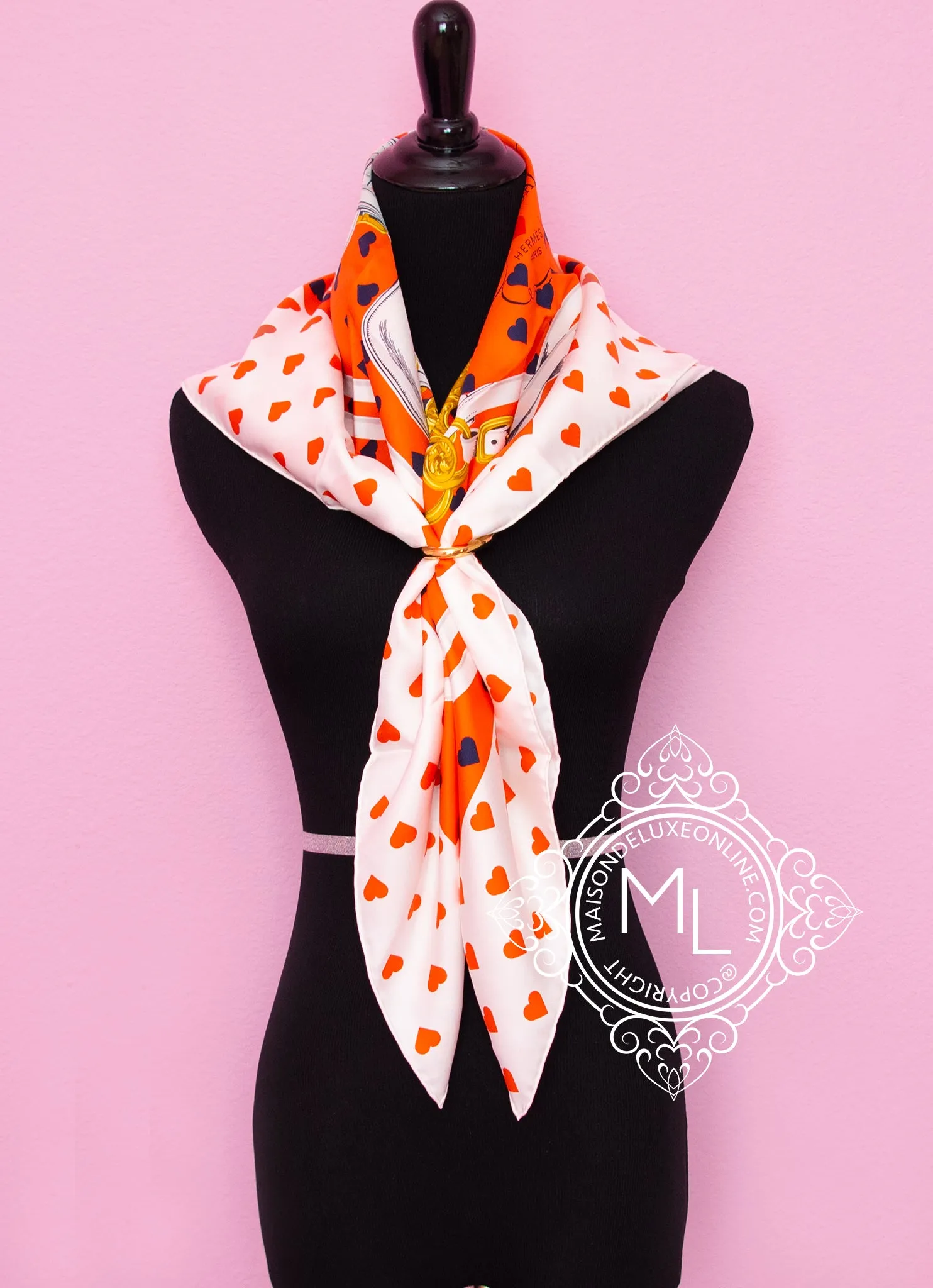 Hermes "Brides De Gala Love" Orange Twill Silk 90 cm Scarf