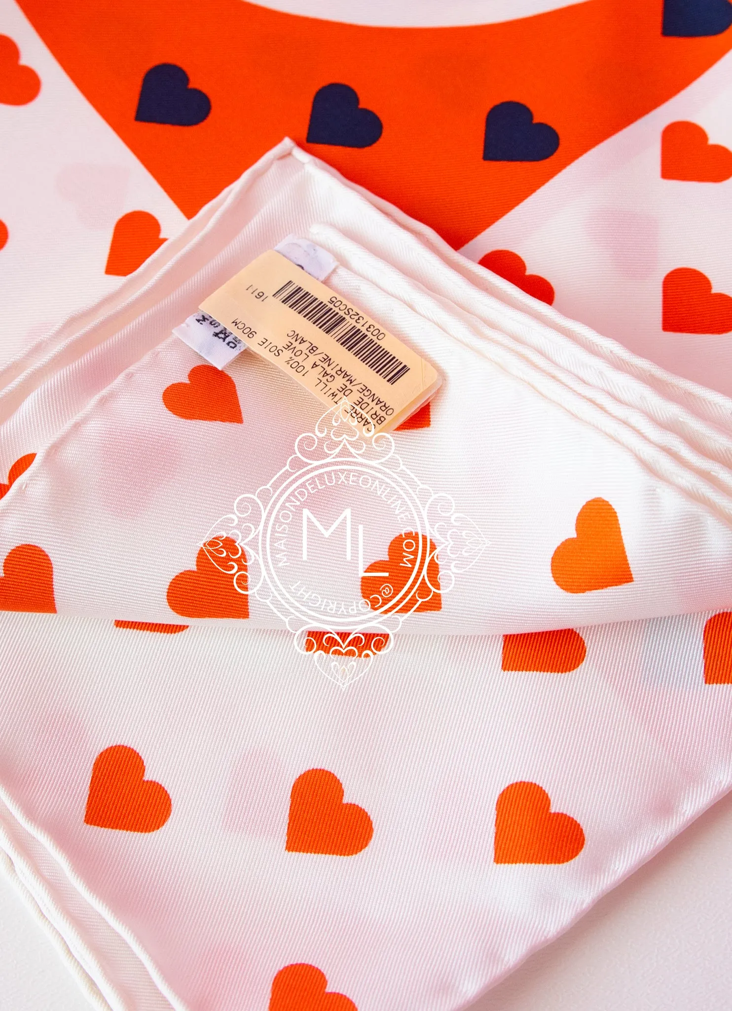 Hermes "Brides De Gala Love" Orange Twill Silk 90 cm Scarf