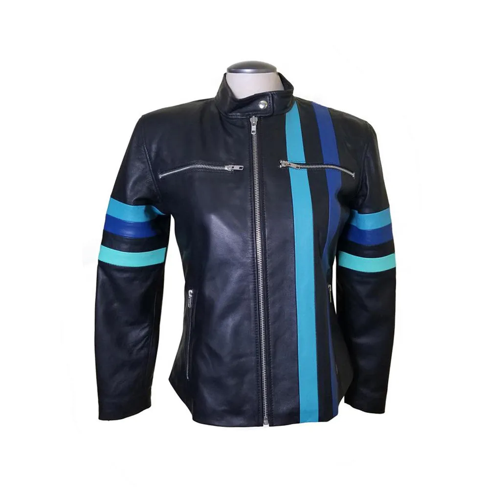 Kerri’s Moto Style Leather Jacket With Blue Stripes