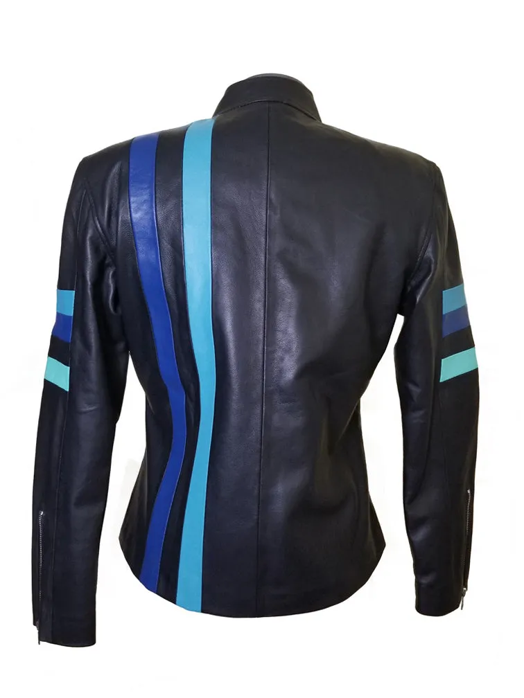 Kerri’s Moto Style Leather Jacket With Blue Stripes