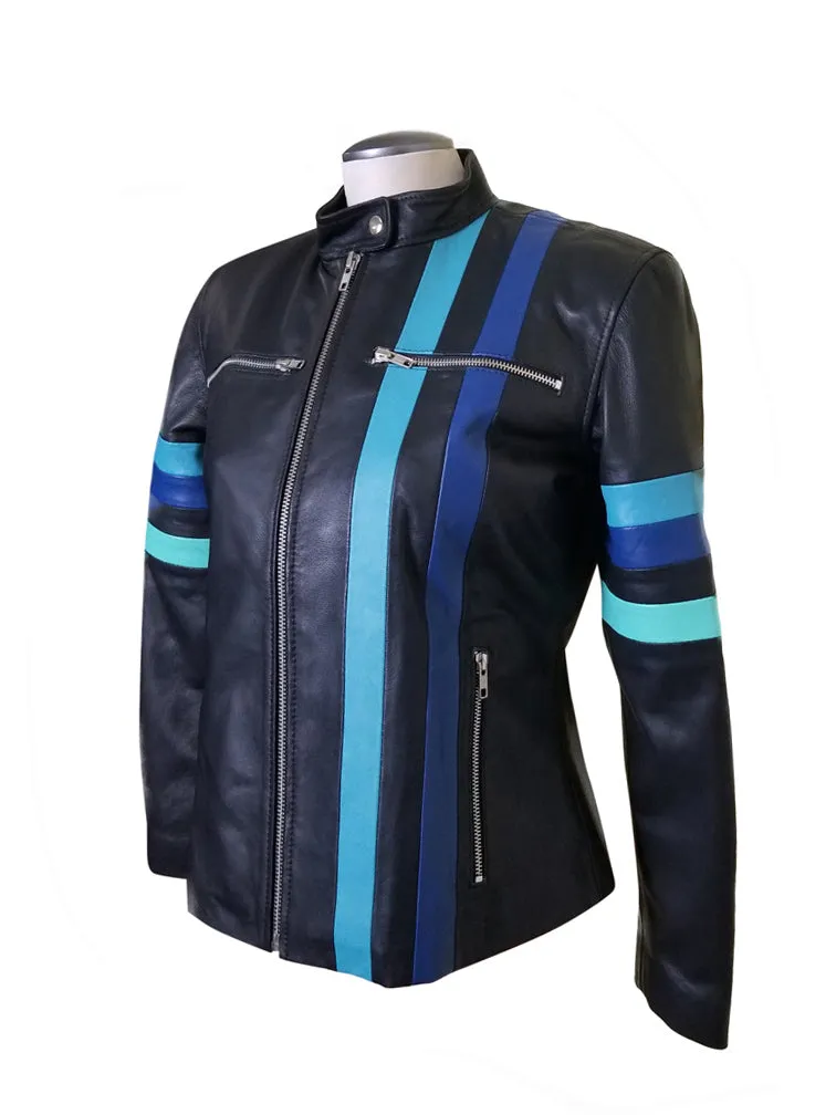 Kerri’s Moto Style Leather Jacket With Blue Stripes