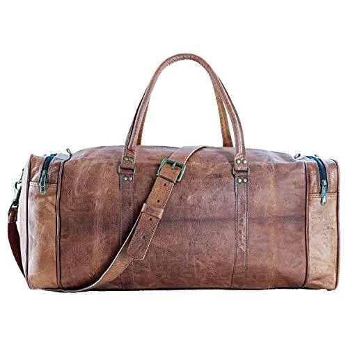 KPLeatherZ™ Men's FULL-Grain Leather 24in Brown Duffle Weekend Travel Bag