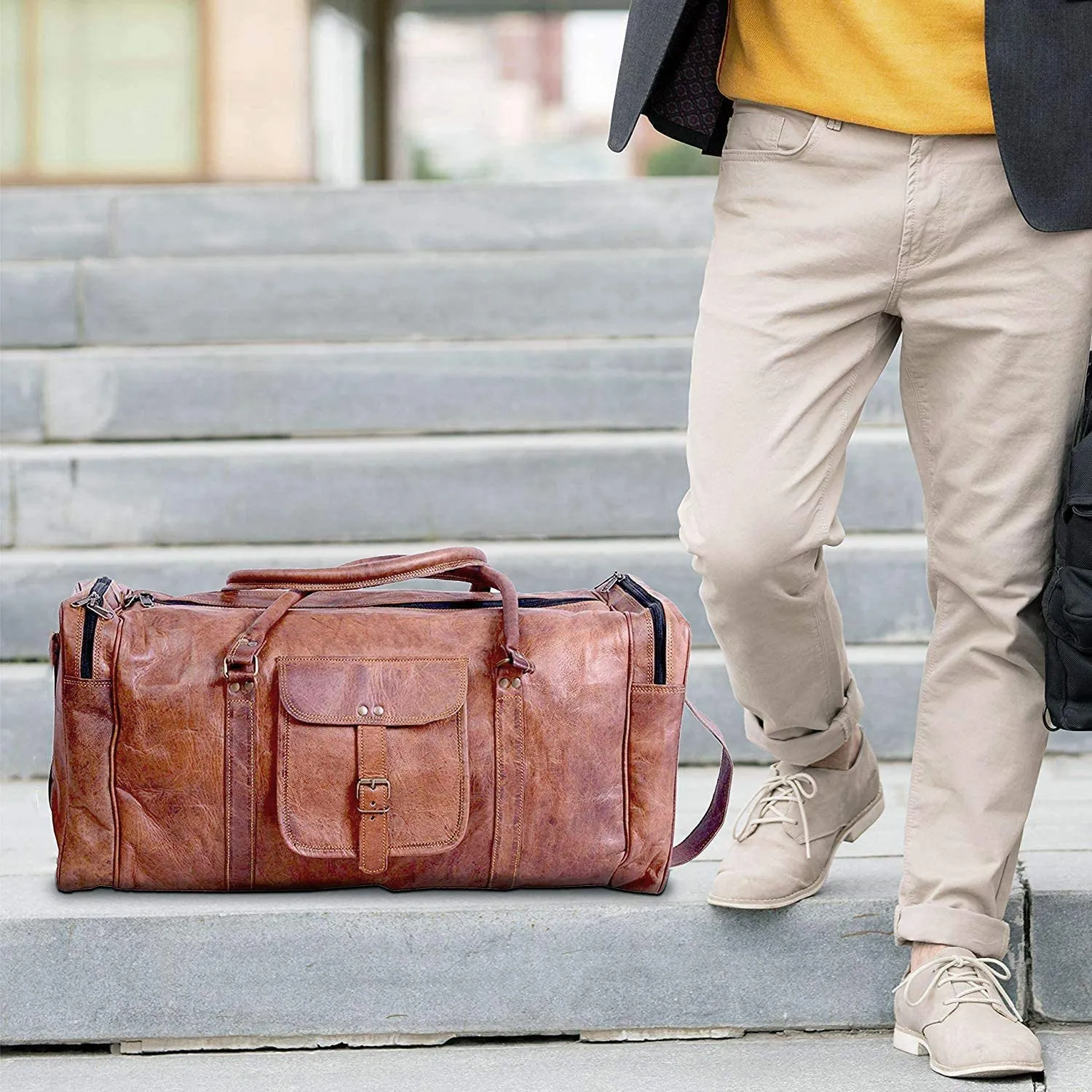 KPLeatherZ™ Men's FULL-Grain Leather 24in Brown Duffle Weekend Travel Bag