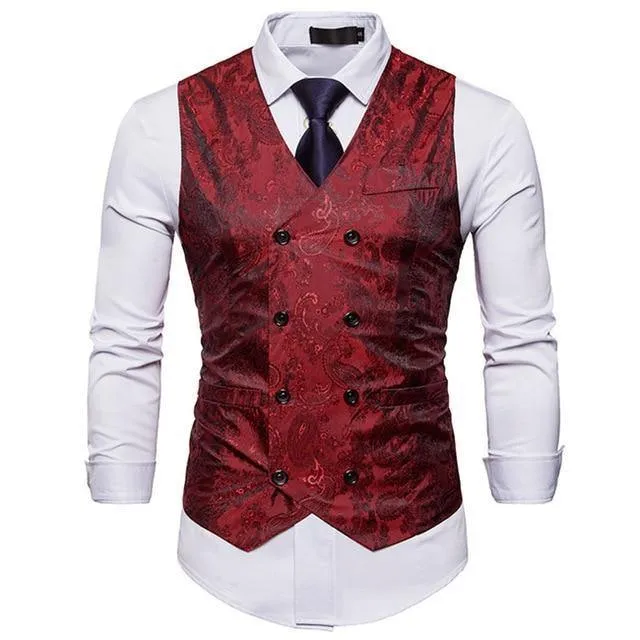 Men's Gentleman Formal Slim Fit Double Breasted Dress Suit Vests 2018 Fashion Paisley Print Men Vest Waistcoat Colete Masculino