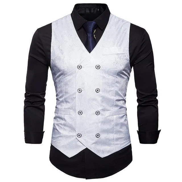 Men's Gentleman Formal Slim Fit Double Breasted Dress Suit Vests 2018 Fashion Paisley Print Men Vest Waistcoat Colete Masculino