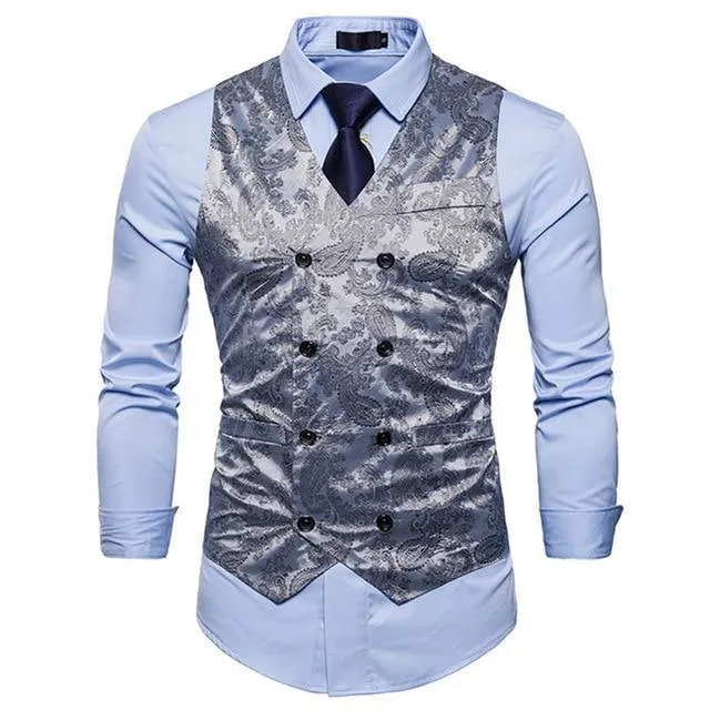 Men's Gentleman Formal Slim Fit Double Breasted Dress Suit Vests 2018 Fashion Paisley Print Men Vest Waistcoat Colete Masculino