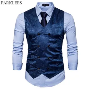 Men's Gentleman Formal Slim Fit Double Breasted Dress Suit Vests 2018 Fashion Paisley Print Men Vest Waistcoat Colete Masculino