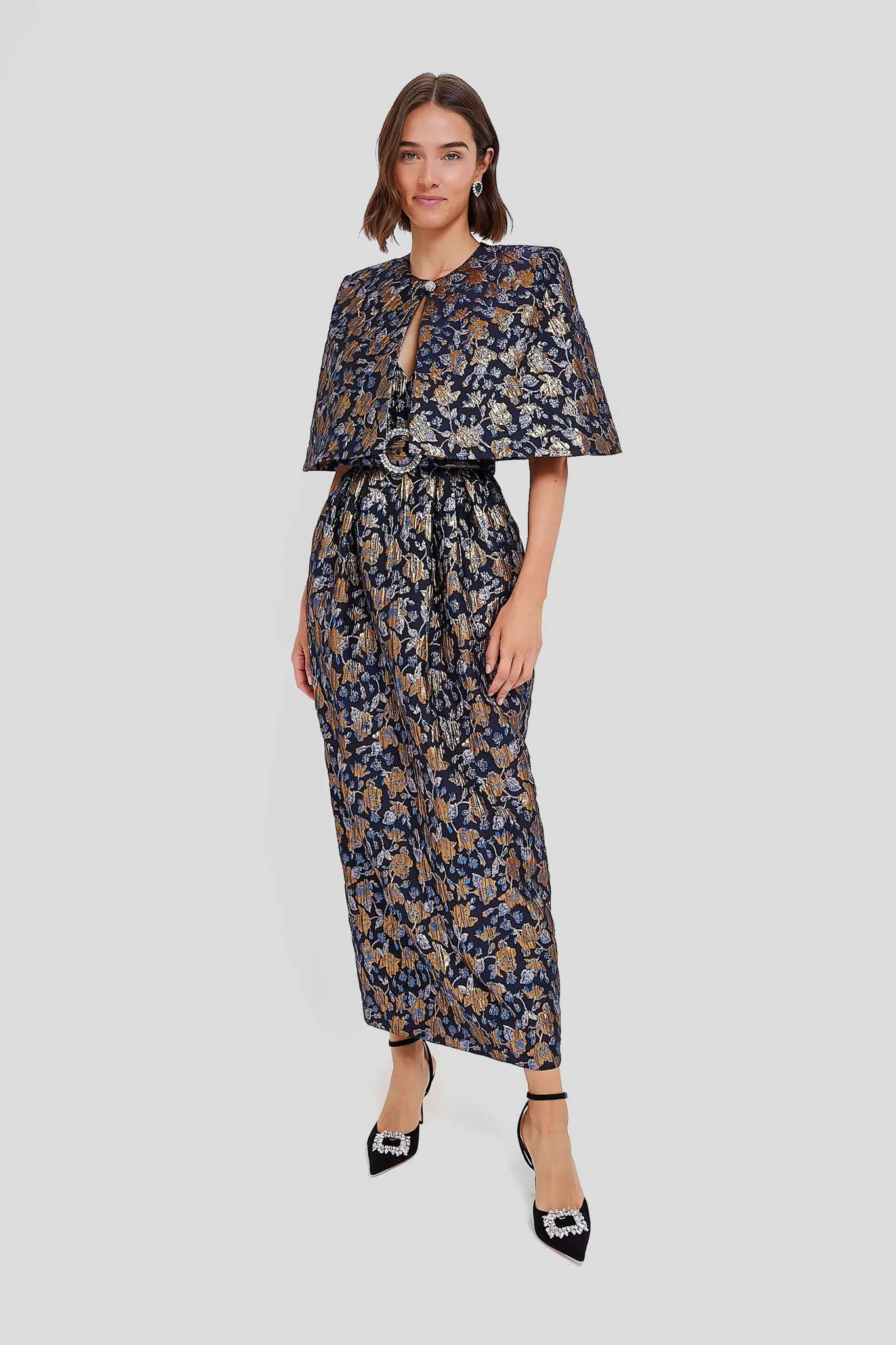 Navy and Gold Merryn Floral Jacquard Cape