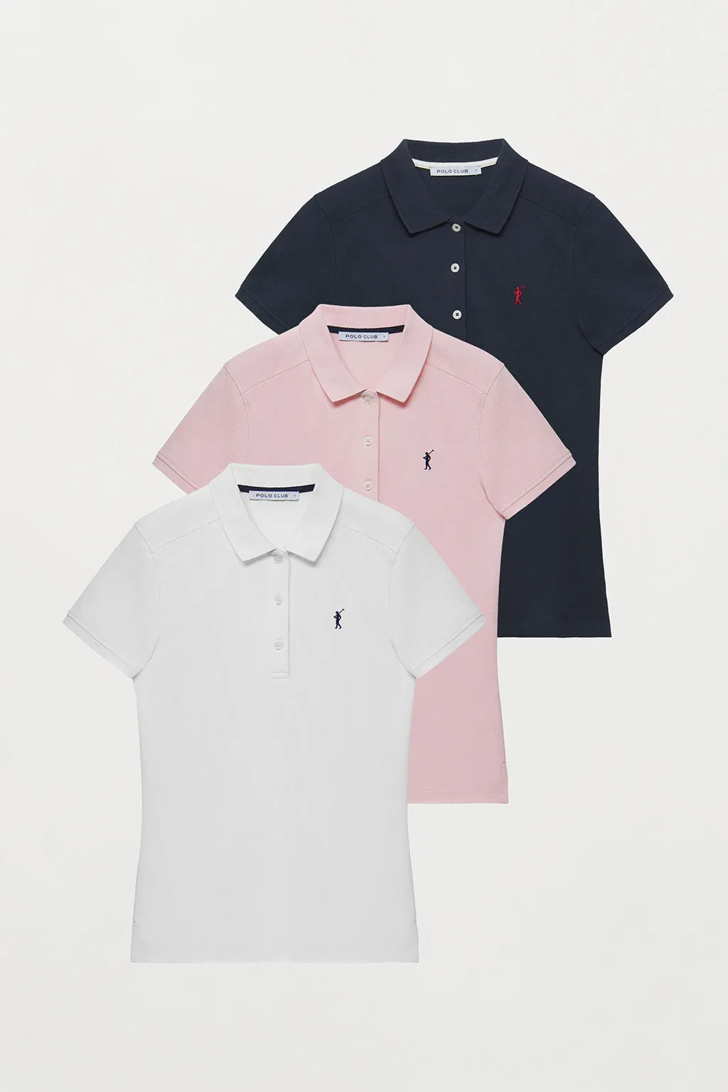 Pack de tres polos azul marino, blanco y rosa con logo Rigby Go