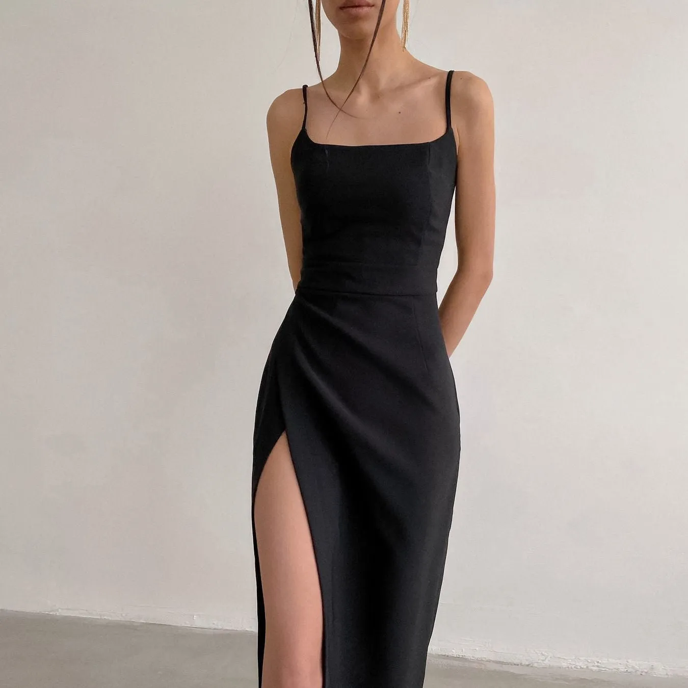 Popular Satin Ruched Cowl Neck Thigh High Slit Formal Dress