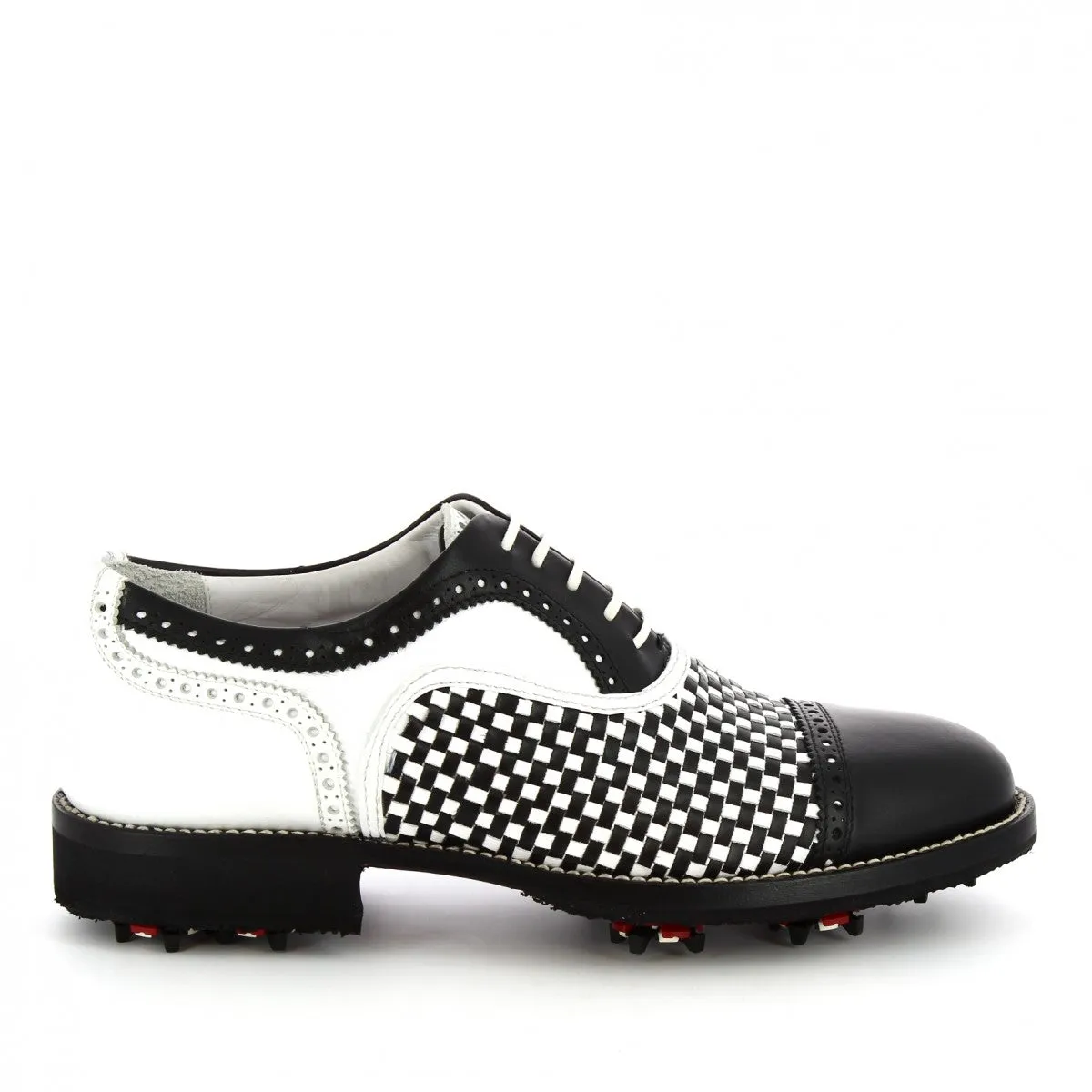 Scarpe da golf donna classiche artigianali in pelle bianca nera