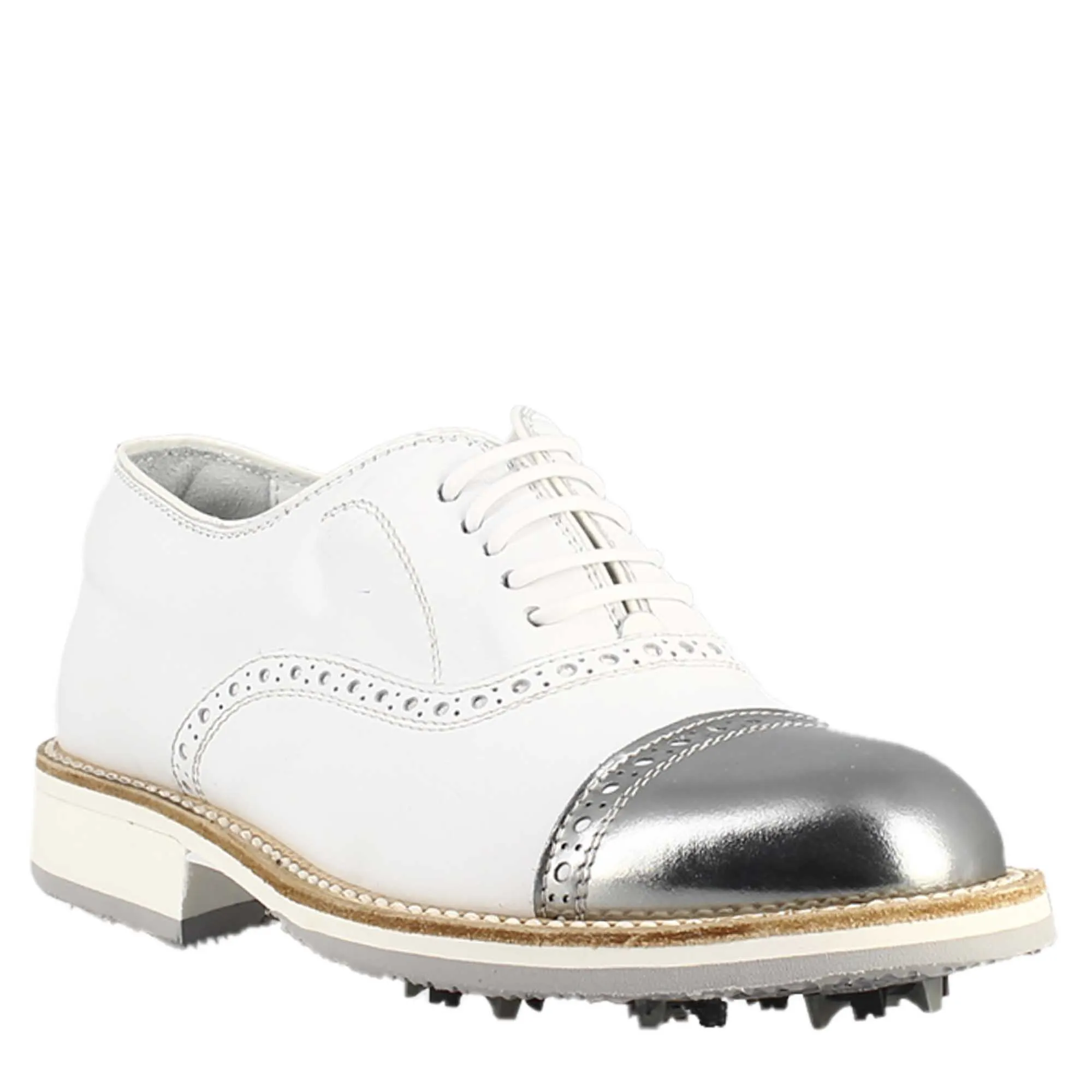 Scarpe golf da uomo artigianali in pelle bianco e dettagli in argento