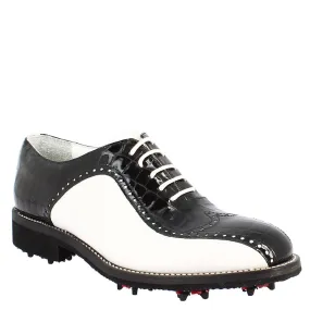 Scarpe golf uomo artigianali in pelle pieno fiore bianco cocco nero