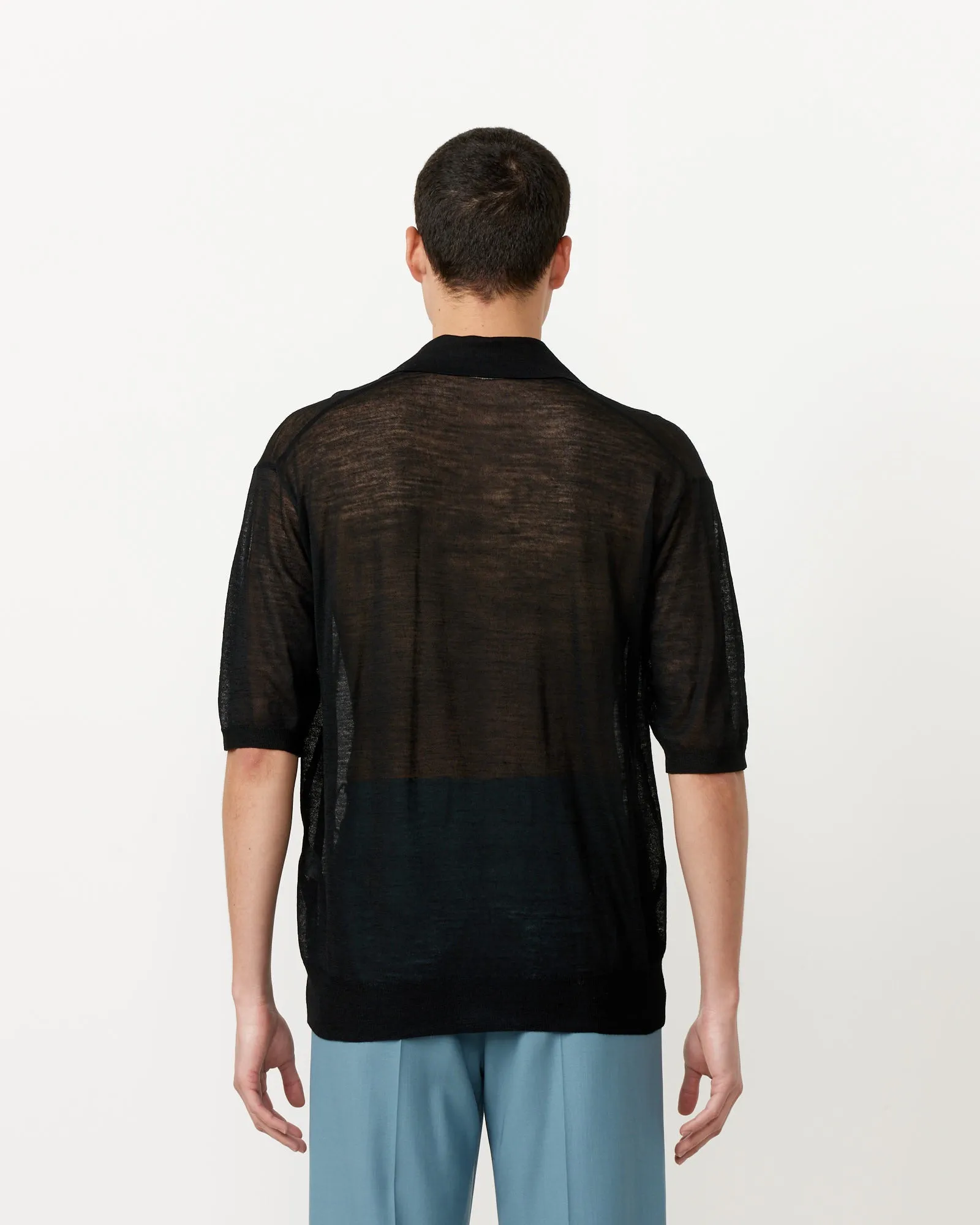 Silk Knit Skipper Polo in Black