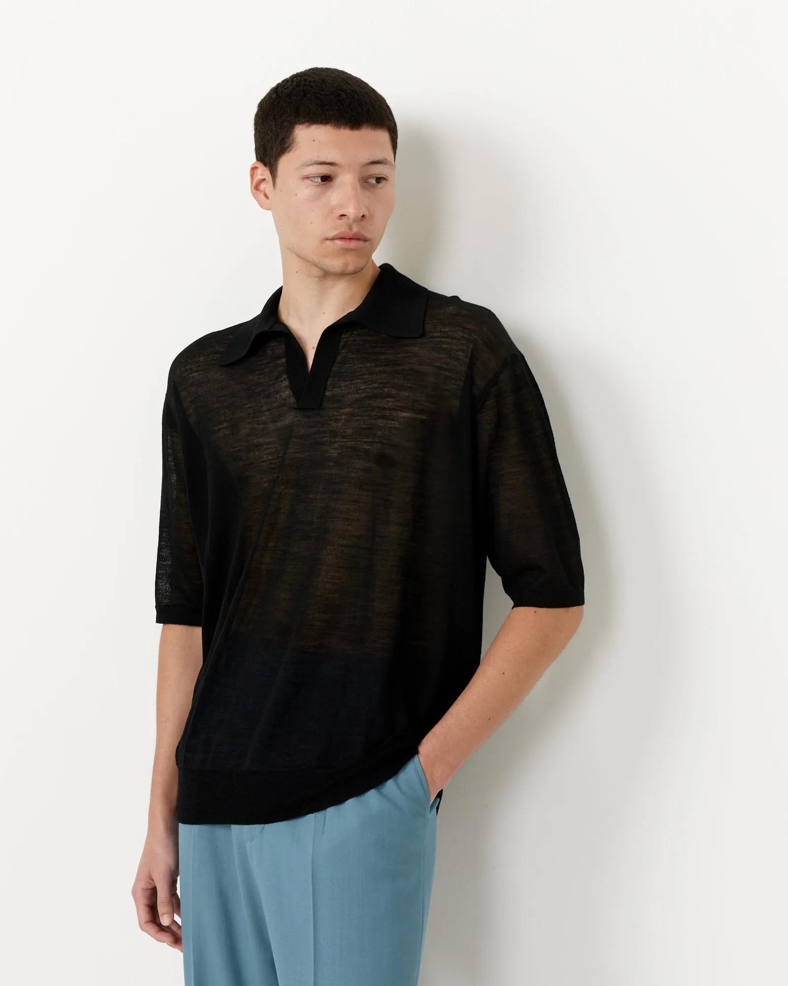 Silk Knit Skipper Polo in Black