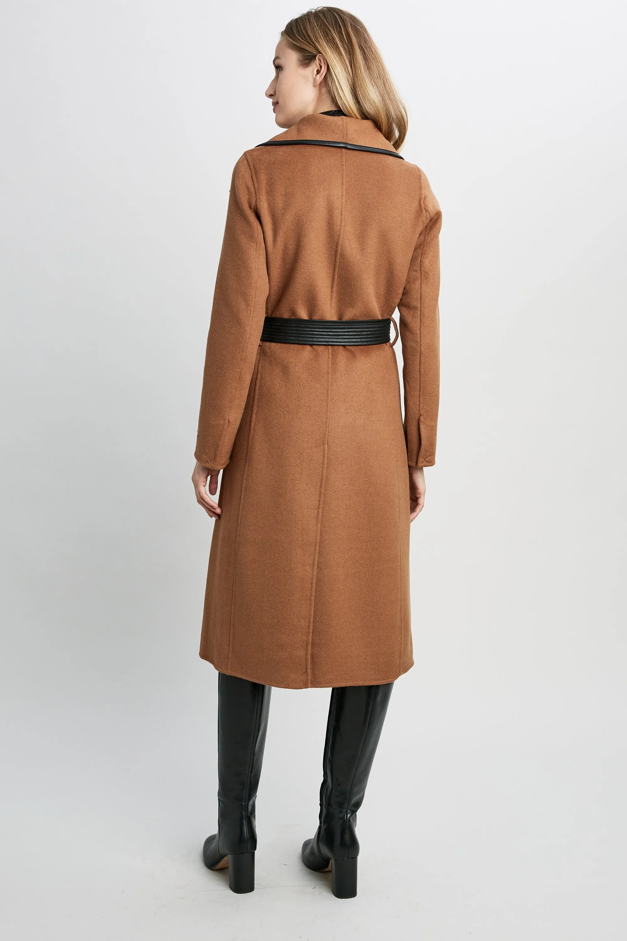 Tahari Double Face Wool Vegan Leather Trim Coat