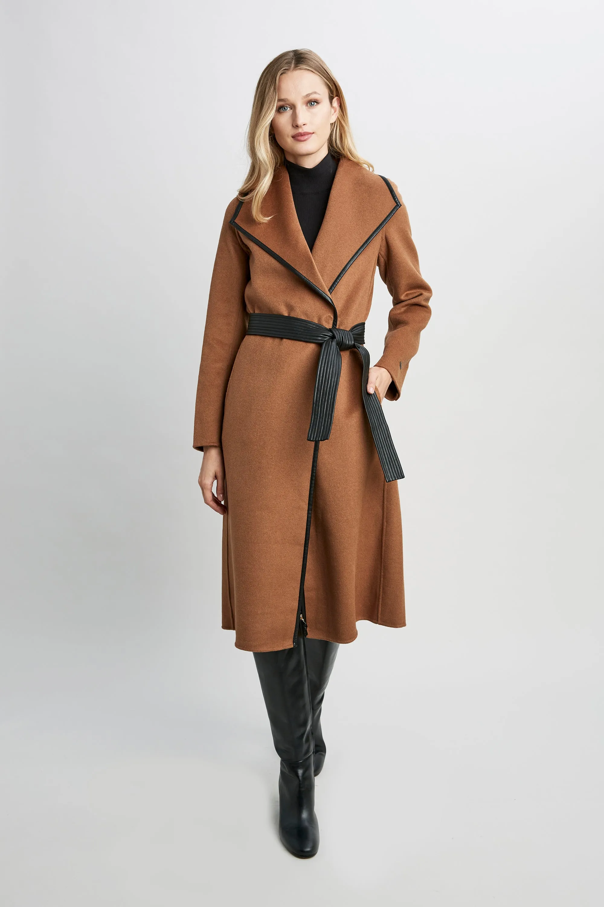 Tahari Double Face Wool Vegan Leather Trim Coat