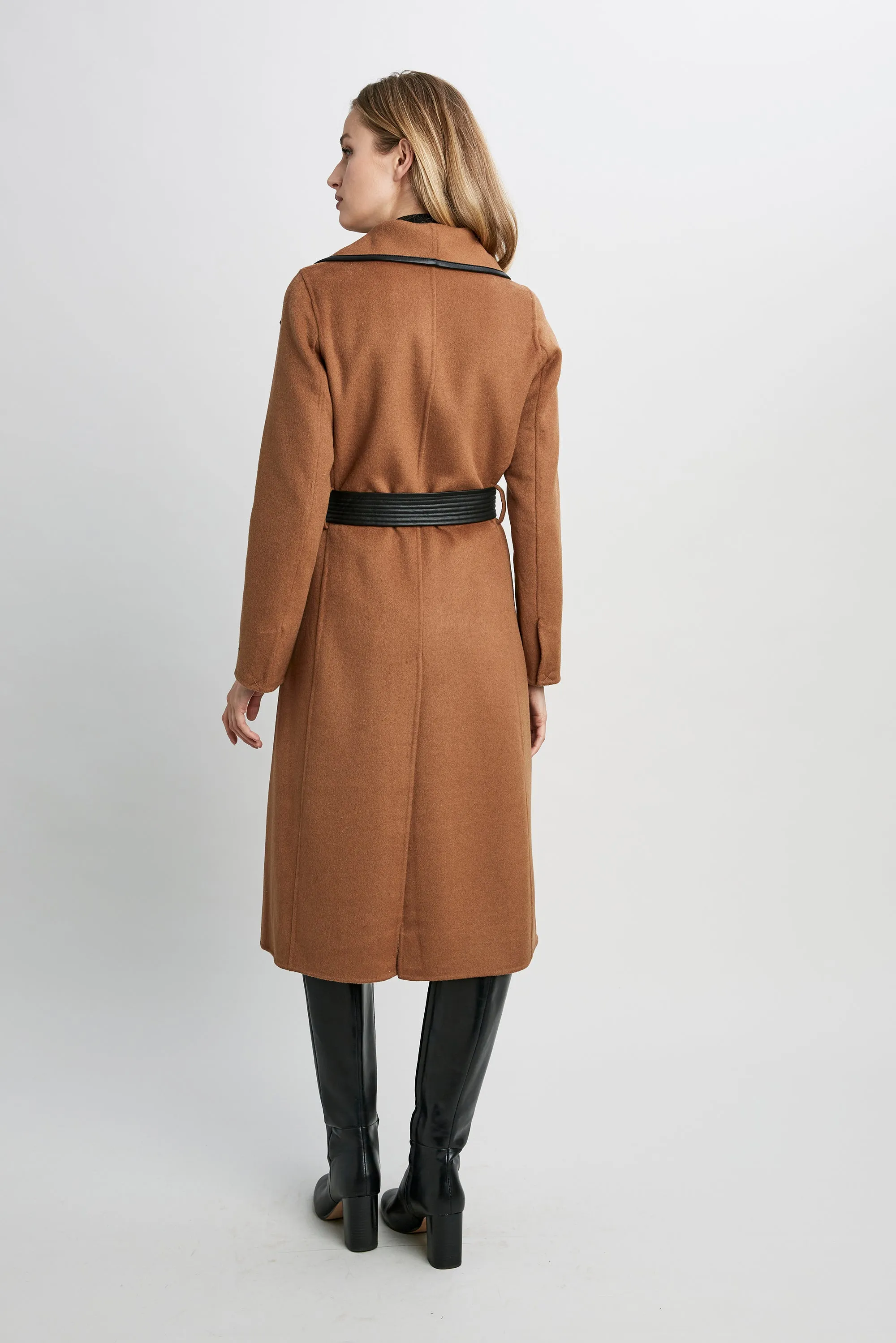 Tahari Double Face Wool Vegan Leather Trim Coat