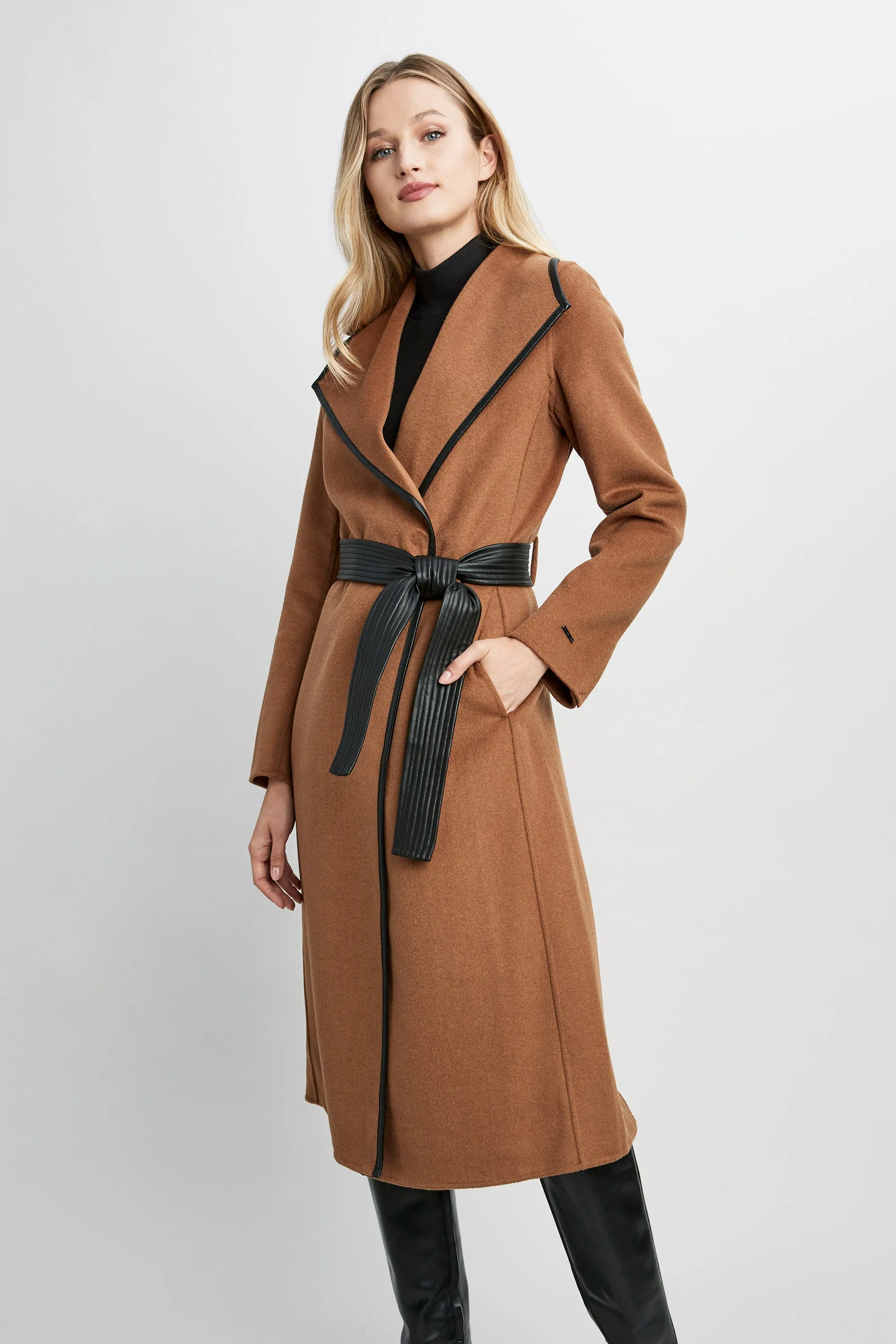 Tahari Double Face Wool Vegan Leather Trim Coat