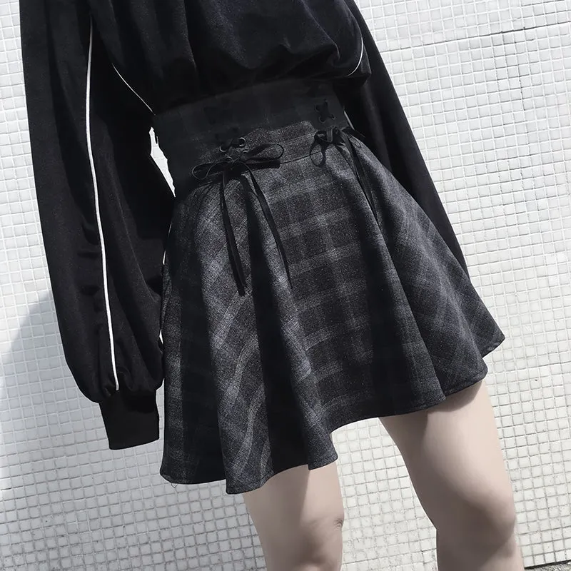 ULZZANG RETRO GRAY GRID SKIRT BY61036