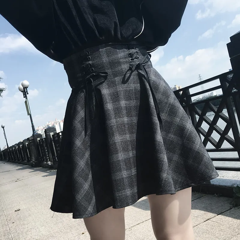 ULZZANG RETRO GRAY GRID SKIRT BY61036