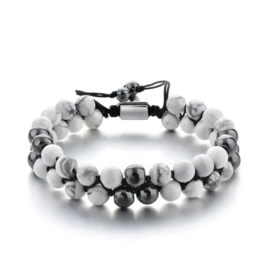 White Stone Beaded Bracelet Double Row Men's Bangle