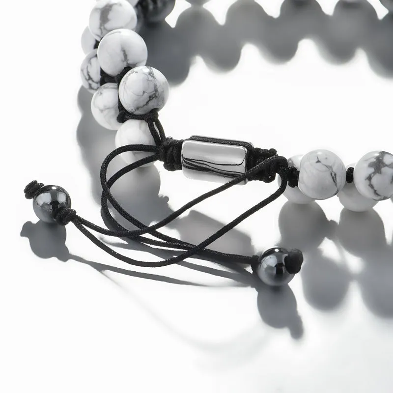 White Stone Beaded Bracelet Double Row Men's Bangle